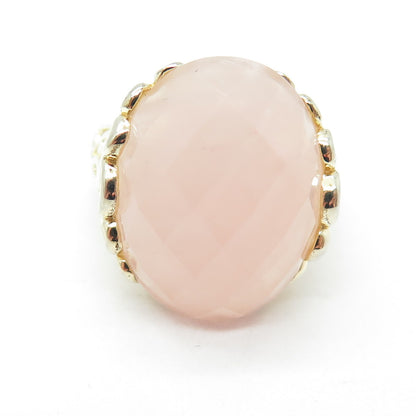 925 Sterling Silver Gold Plated Checkered Rose Quartz Ornate Ring Size 6.25
