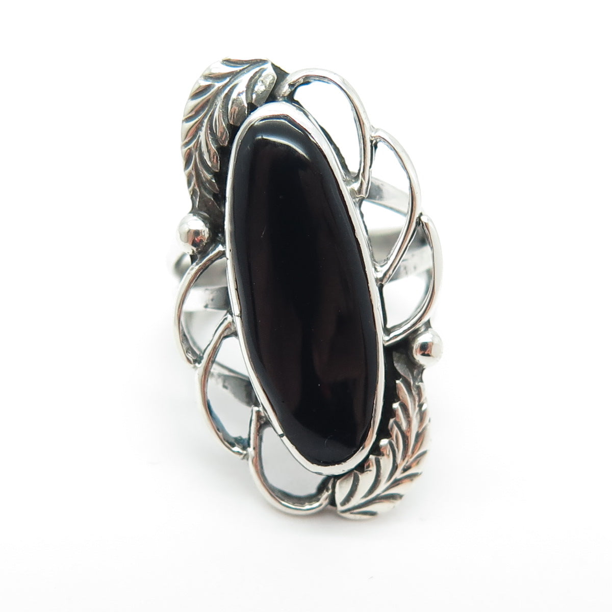 SILVER BEAR Old Pawn 925 Sterling Vintage Southwestern Black Onyx Ring Size 4.75