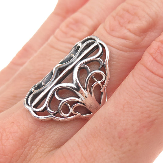 925 Sterling Silver Vintage Floral Scroll Oxidized Ring Size 6.25