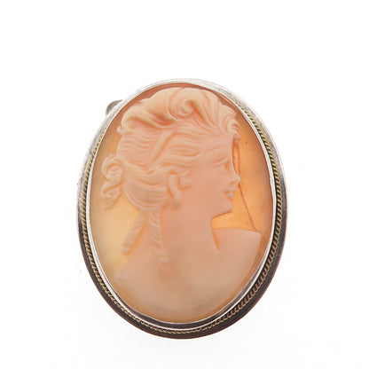 975 Silver 2-Tone Vintage Real MOP Carved Lady Cameo Pin Brooch / Pendant
