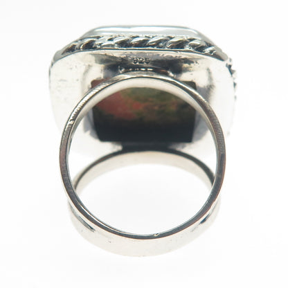 925 Sterling Silver Vintage Real Cushion-Cut Unakite Roped Ring Size 7.75