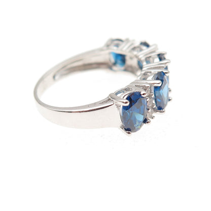 925 Sterling Silver Oval-Cut Blue & Round-Cut White C Z Ring Size 6