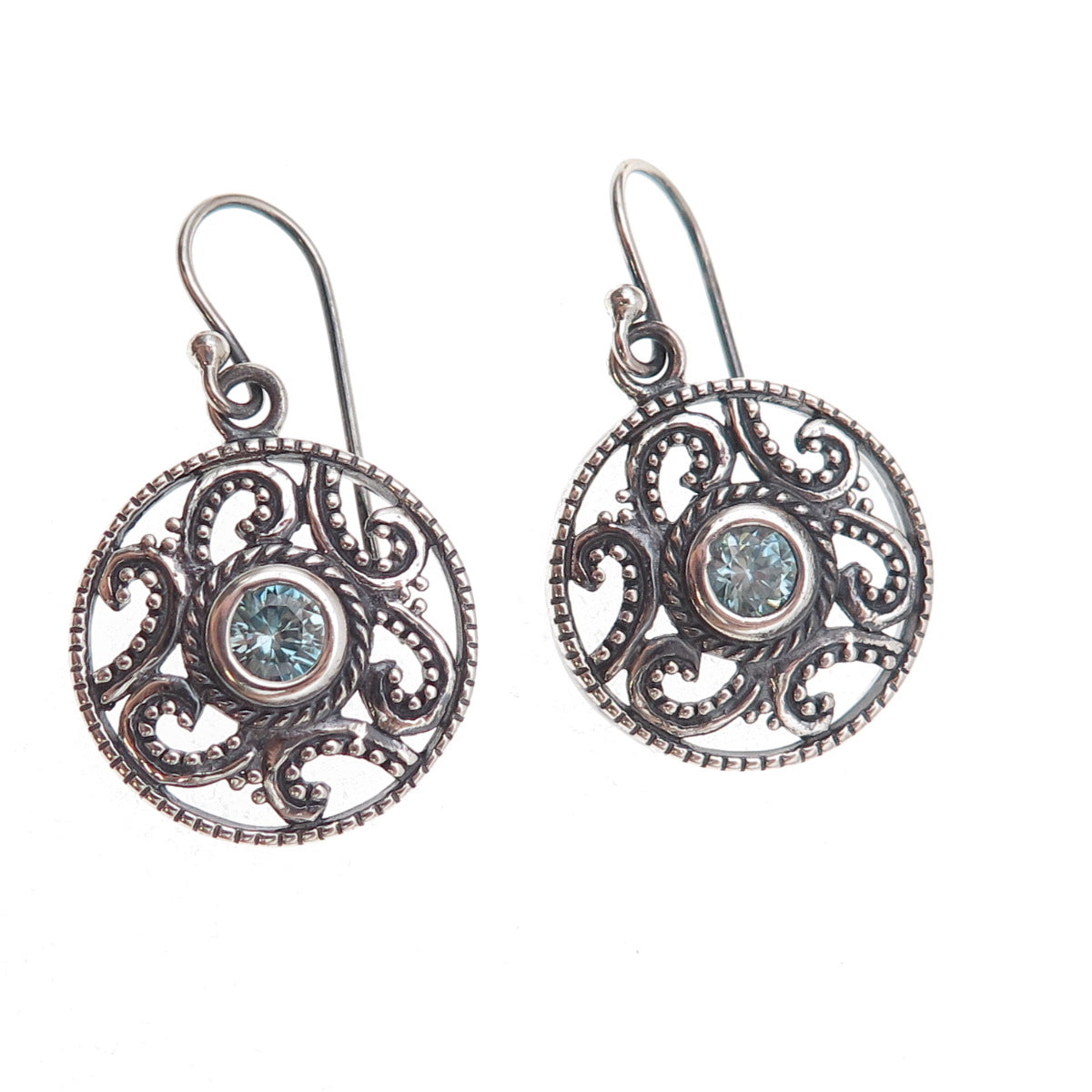 925 Sterling Silver Vintage Real Blue Topaz Floral Scroll Dangle Earrings