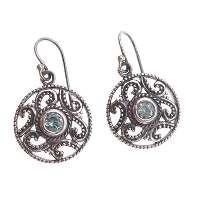 925 Sterling Silver Vintage Real Blue Topaz Floral Scroll Dangle Earrings