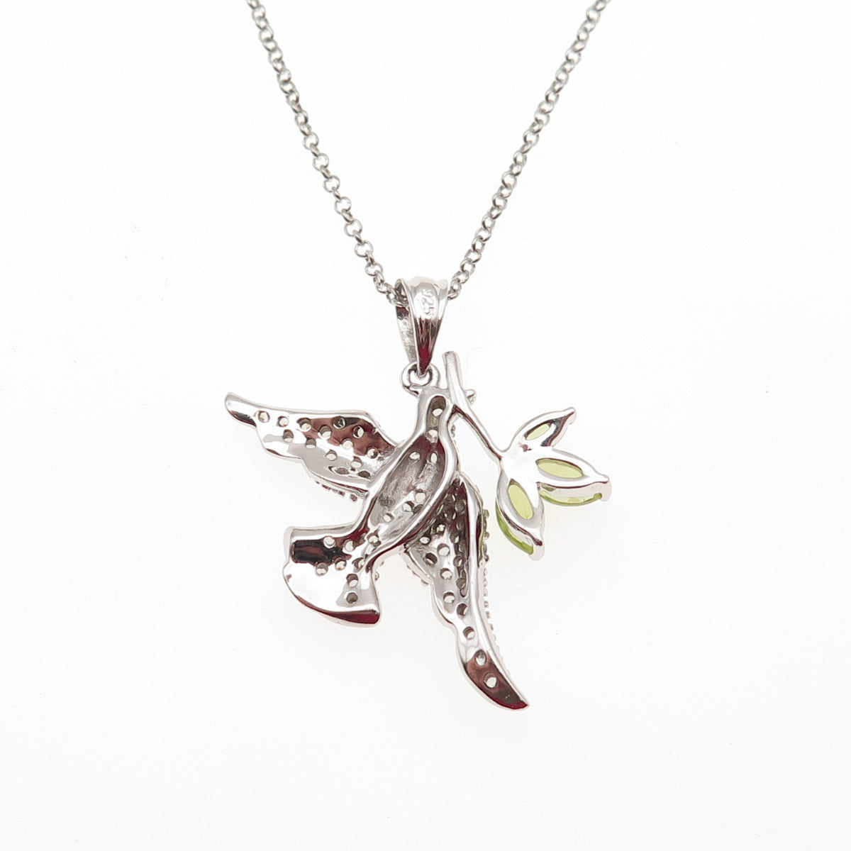 925 Sterling Silver Real Peridot & White Topaz Peace Dove Bird Necklace 16-18"