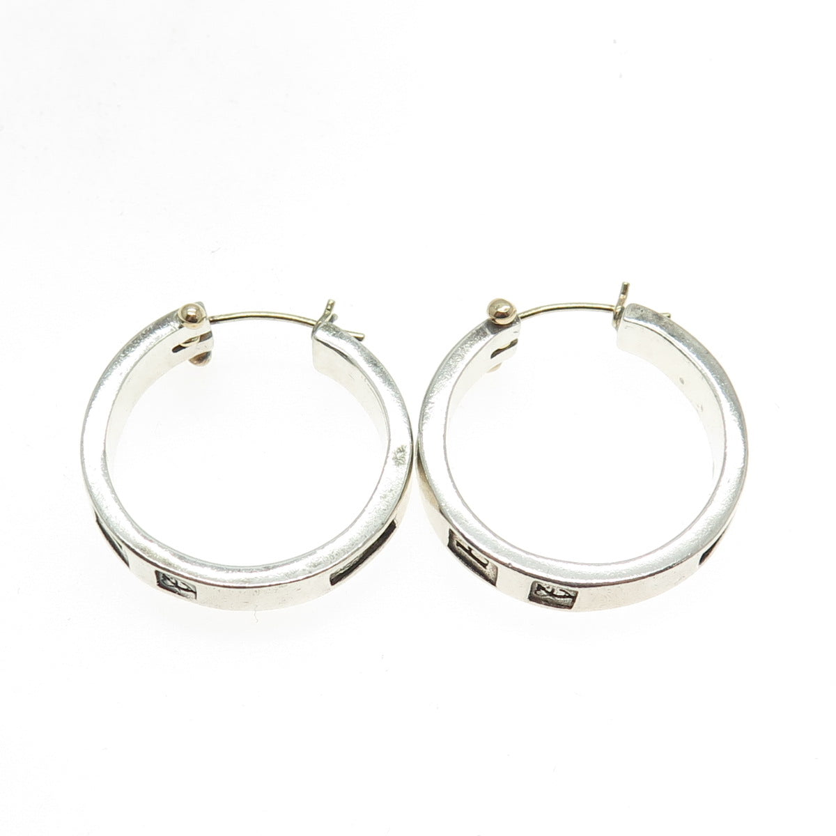 925 Sterling Silver & 14K Yellow Gold Vintage European Stamp Hoop Earrings