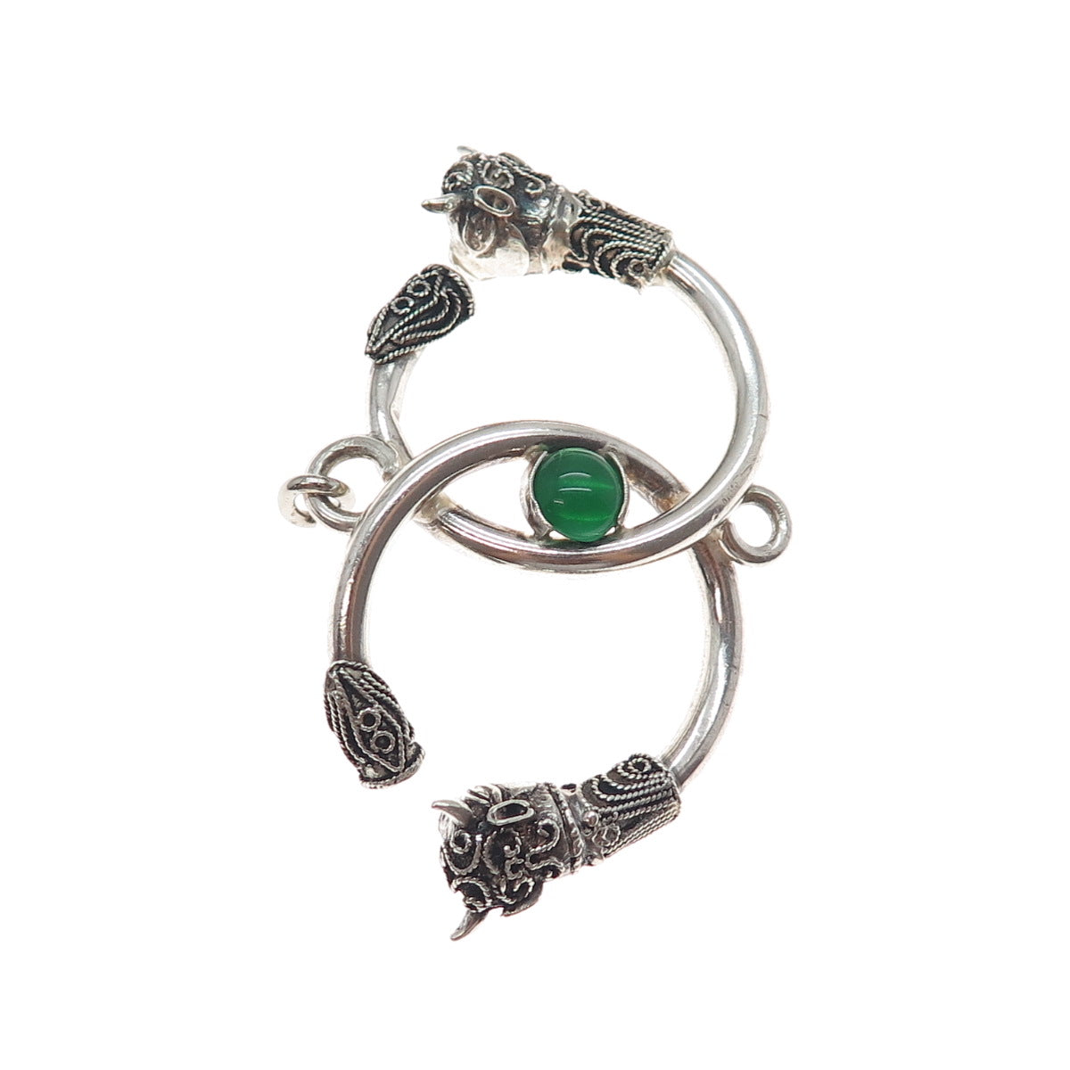 925 Sterling Silver Vintage Real Green Onyx Bull Interlocked Eternity Pendant