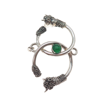 925 Sterling Silver Vintage Real Green Onyx Bull Interlocked Eternity Pendant