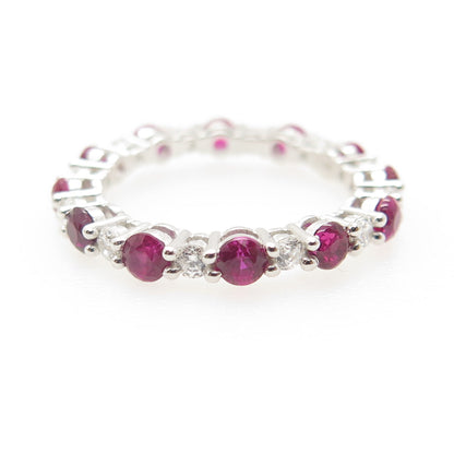 925 Sterling Silver Real Pink Sapphire & C Z All Around Eternity Ring Size 6