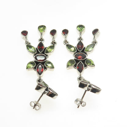 925 Sterling Silver Vintage Real Multi-Cut Red Garnet Peridot Dangling Earrings