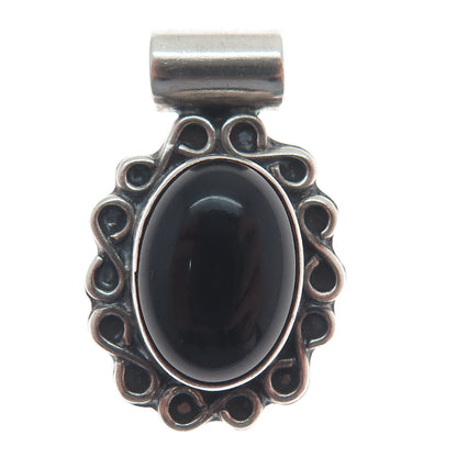 925 Sterling Silver Vintage Real Black Onyx Floral Oxidized Slide Pendant