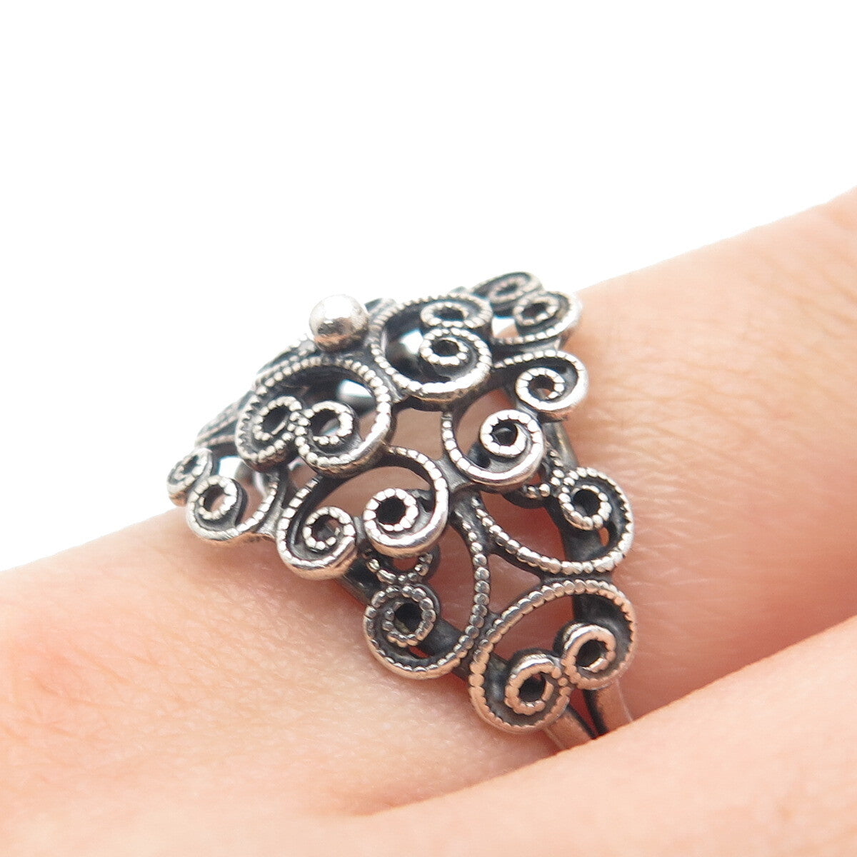 BEAU Sterling Silver Antique Art Deco Filigree Flower Adjustable Ring Size 6.5