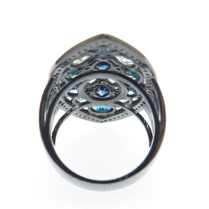 DSMK Sterling Silver Black Rhodium London Swiss Blue White Topaz Ring Size 6.25
