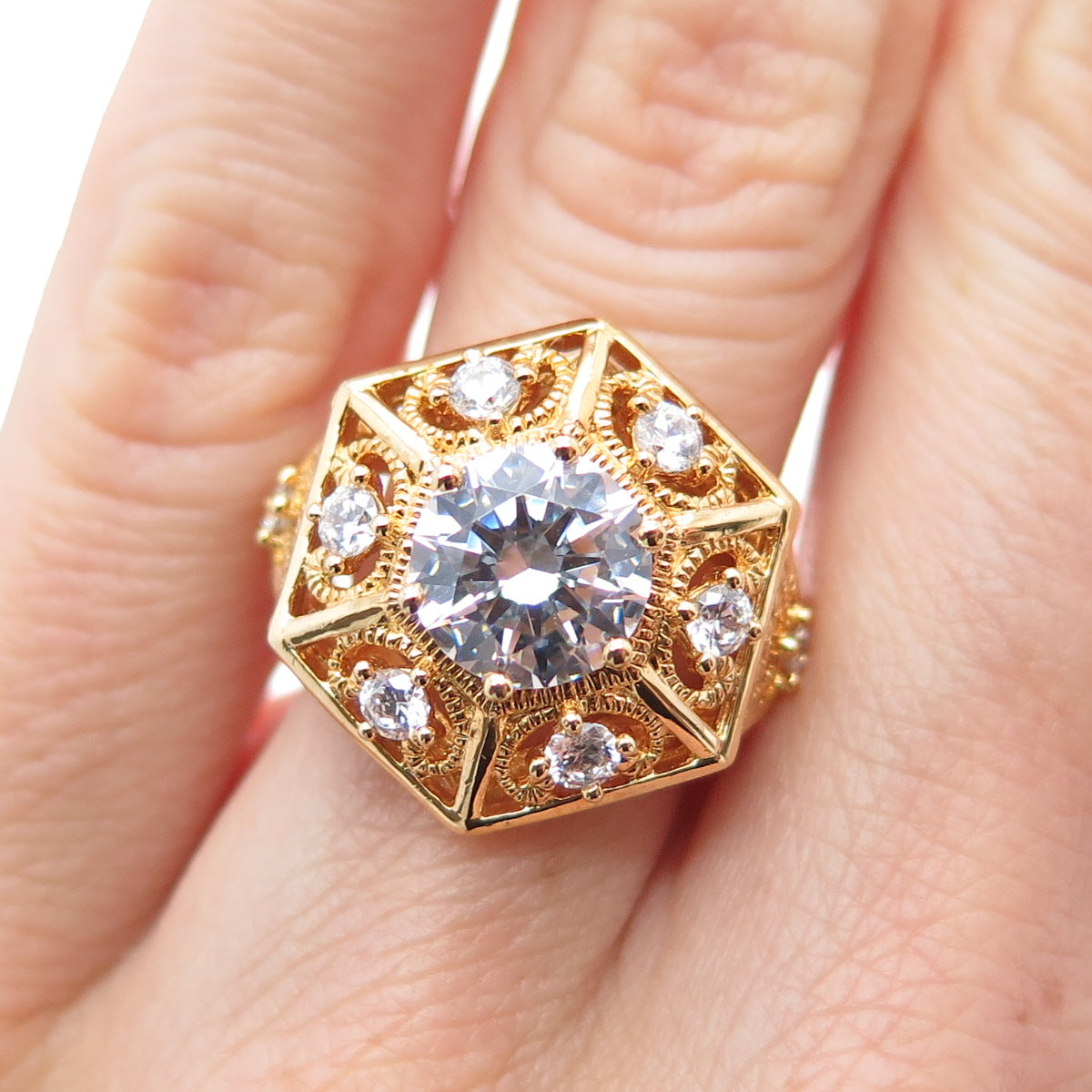 925 Sterling Silver Gold Plated Round-Cut C Z Snowflake Ring Size 5