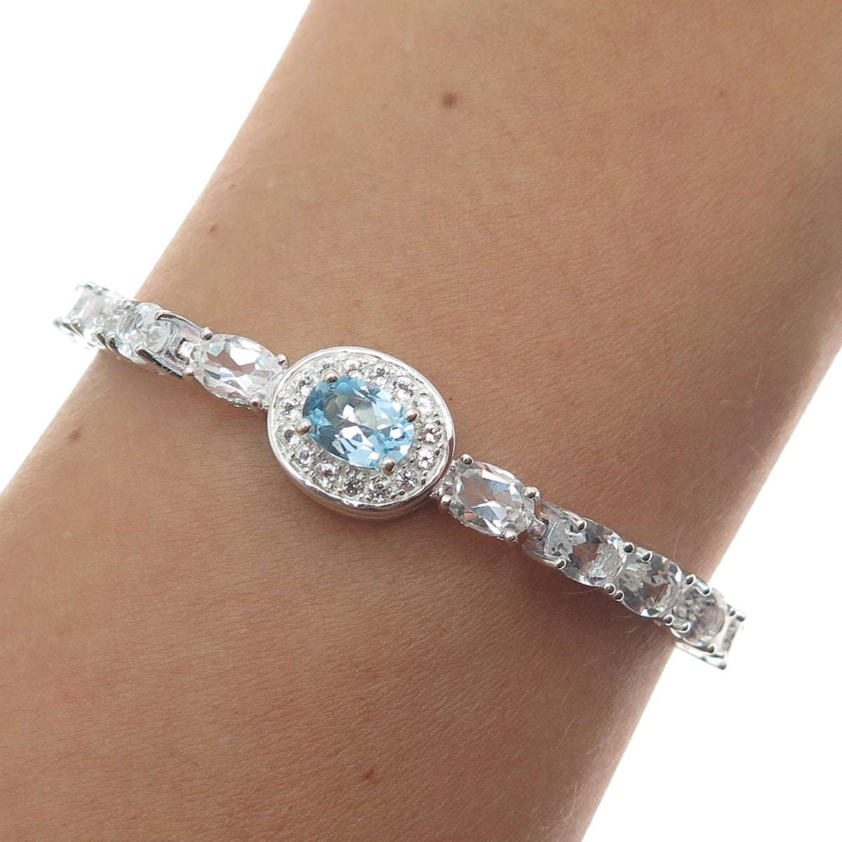 925 Sterling Blue & White Topaz Interchangeable Adjustable Bolo Bracelet 6-9.75"