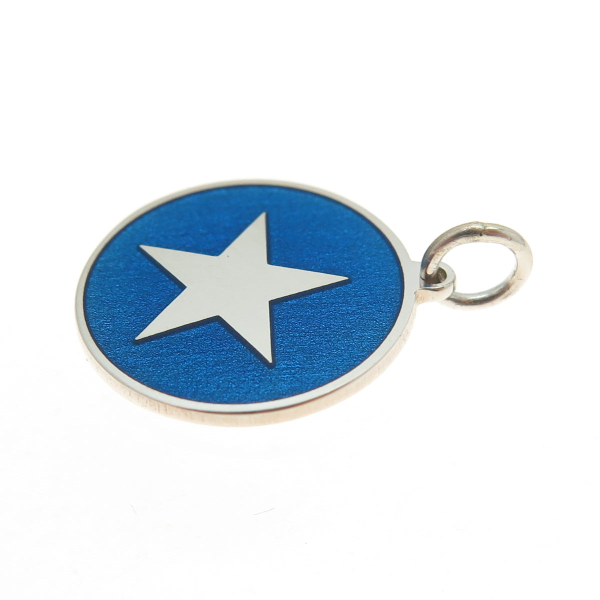 925 Sterling Silver Blue Enamel Star Round Tag Minimalist Charm Pendant