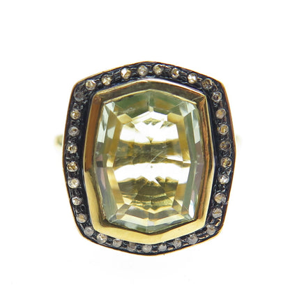 925 Sterling Silver Gold Plated White Diamond & Blue Topaz Gem Ring Size 7.75
