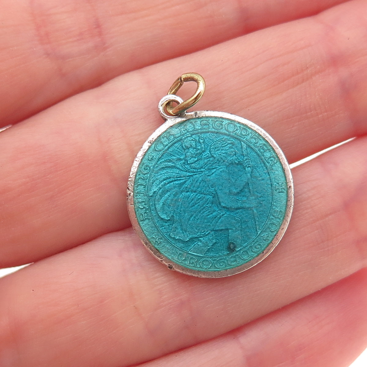 Charles Thomae Sterling Silver Antique Art Deco Enamel St. Christopher Pendant