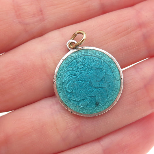 Charles Thomae Sterling Silver Antique Art Deco Enamel St. Christopher Pendant