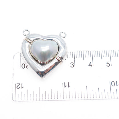 925 Sterling Silver 14K Gold Vintage Real Pearl Heart Centerpiece Slide Pendant