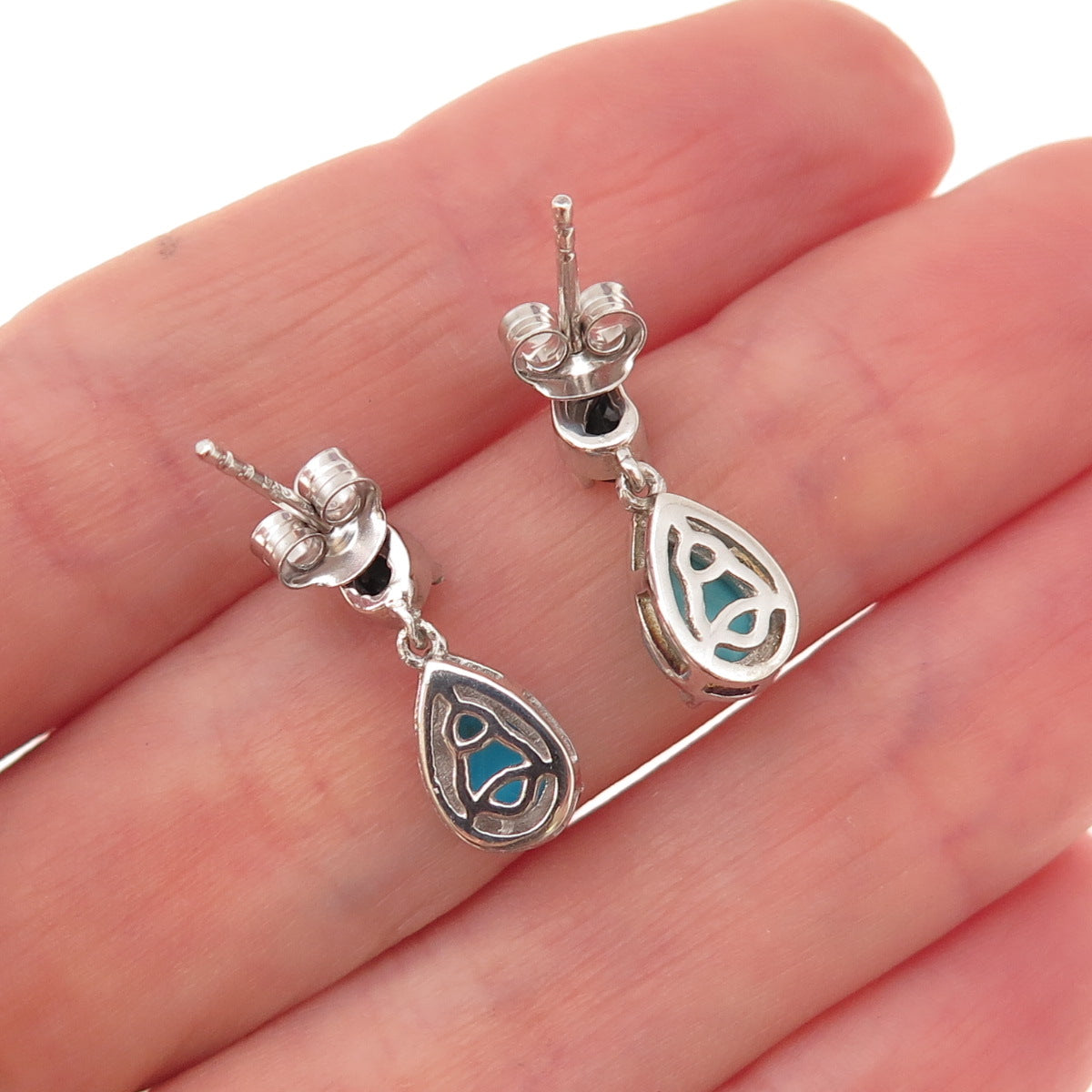 Chuck Clemency 925 Sterling Silver Real Turquoise & Black Spinel Dangle Earrings