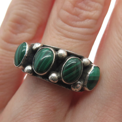 925 Sterling Silver Vintage Real Malachite Beaded Oxidized Ring Size 6