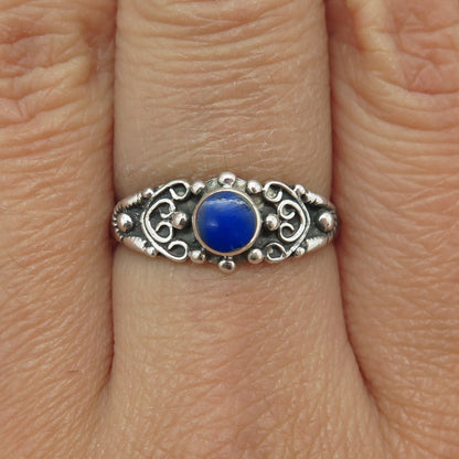 925 Sterling Silver Vintage Real Lapis Lazuli Gem Boho / Ethnic Ring Size 8.25