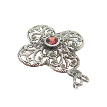 CHAPAL ZENRAY 925 Sterling Silver Vintage Real Red Garnet Floral Pendant