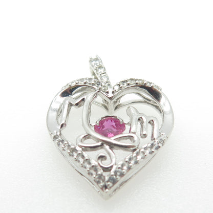 925 Sterling Silver Lab-Created Pink Sapphire & White Topaz "MOM" Heart Pendant