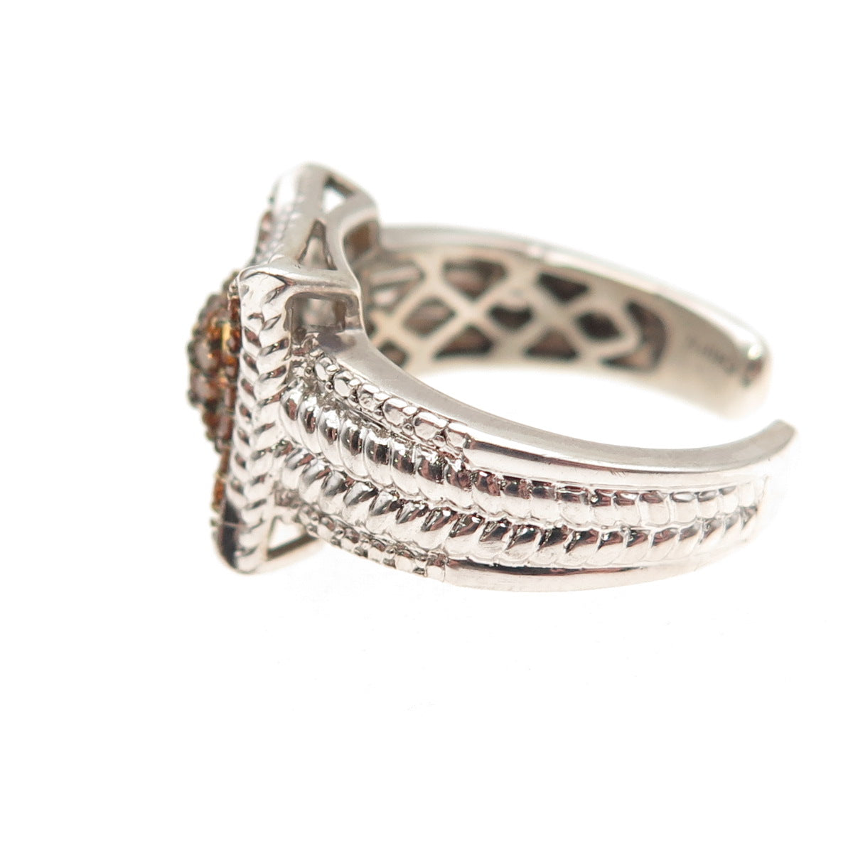925 Sterling Silver Real Round-Cut Cognac Diamond Adjustable Ring Size 6.75