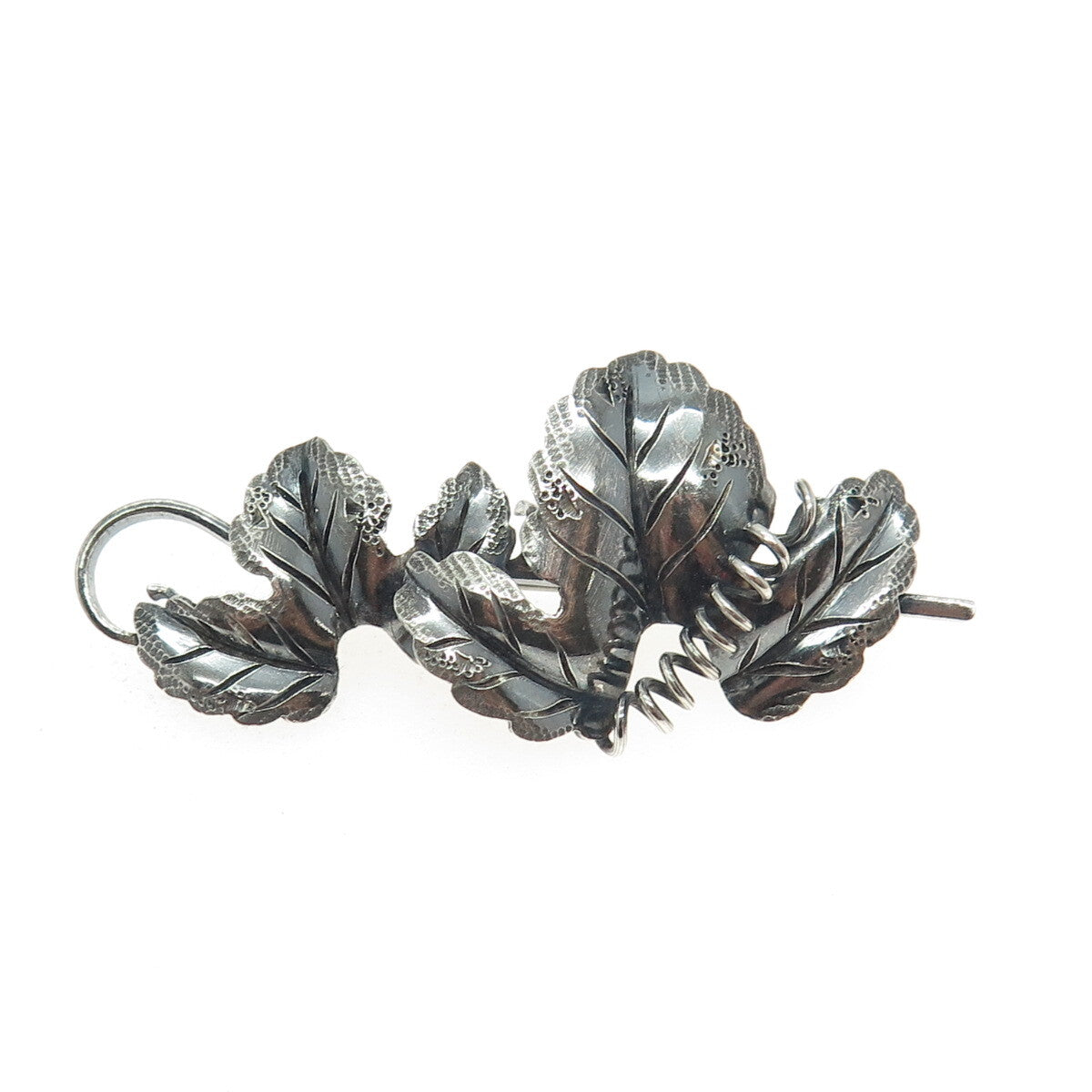 925 Sterling Silver Antique Art Deco Grape Leaves Oxidized Pin Brooch