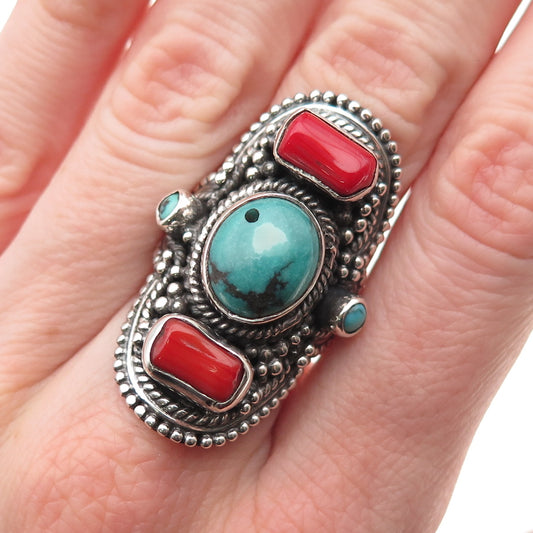 925 Sterling Silver Vintage Real Turquoise Coral Modernist Oxidized Ring Size 7