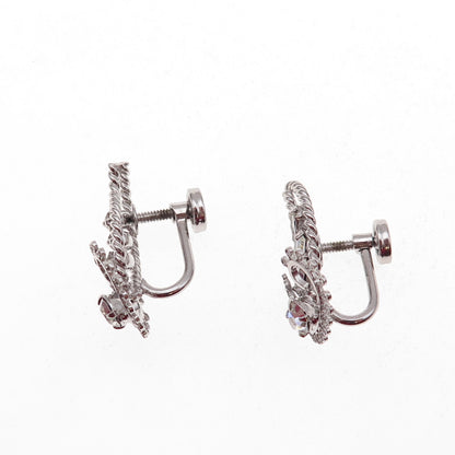 Tru-Kay Sterling Silver Antique Art Deco Rhinestone Floral Screw Back Earrings