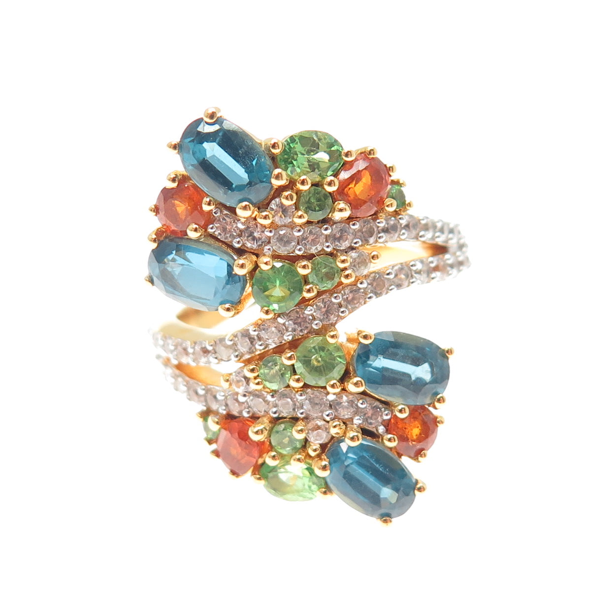 925 Sterling Gold Plated Blue White Topaz & Fire Tsavorite Garnet Ring Size 7.5