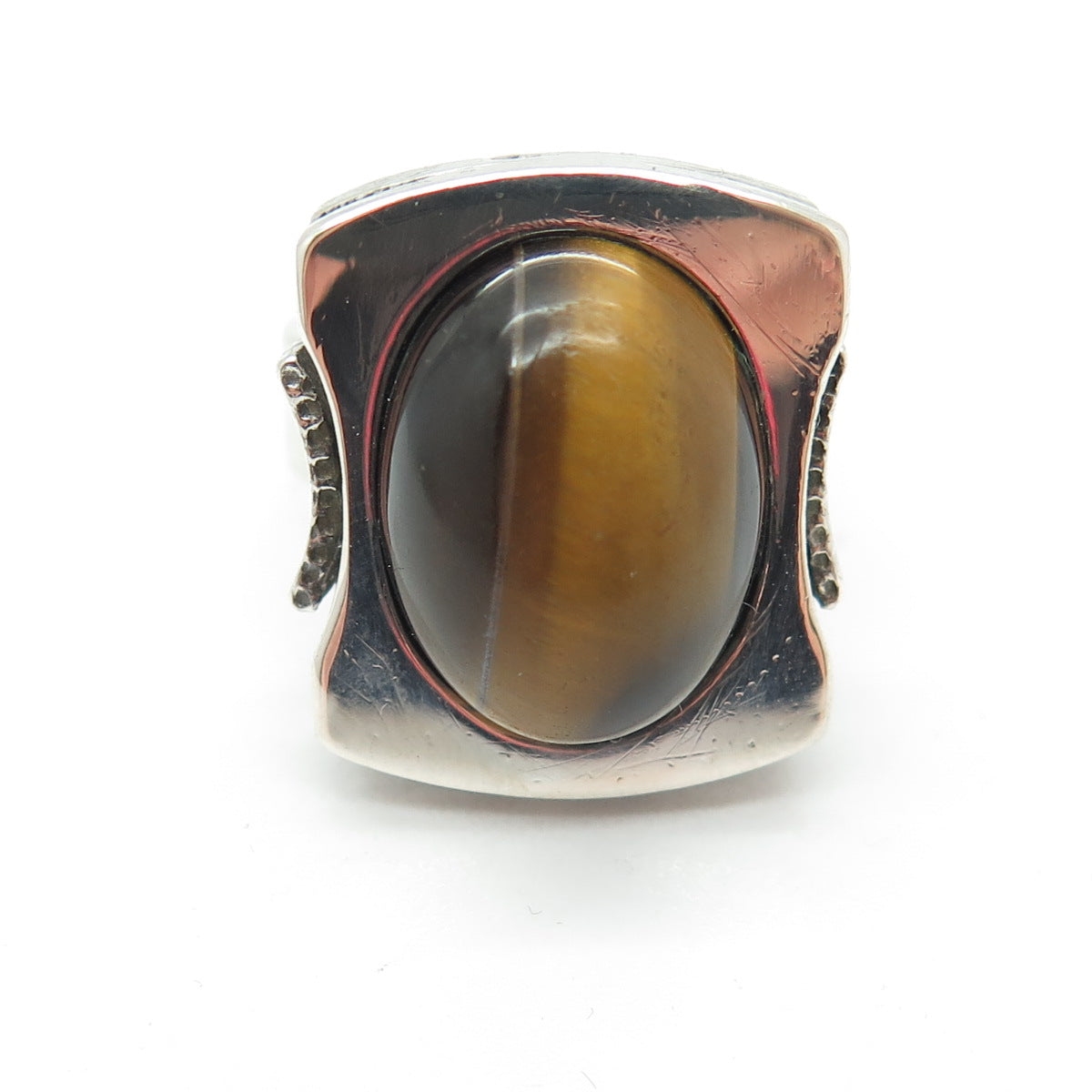 835 Silver Vintage Real Tiger Eye Modernist Adjustable Ring Size 6.75