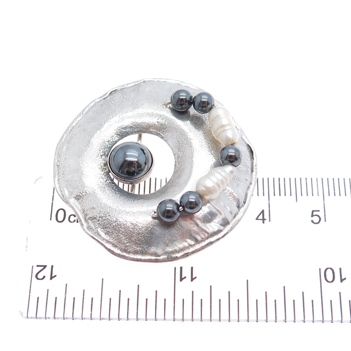 NINOS CHAMMO 925 Sterling Vintage Real Hematite Pearl Pin Brooch / Slide Pendant