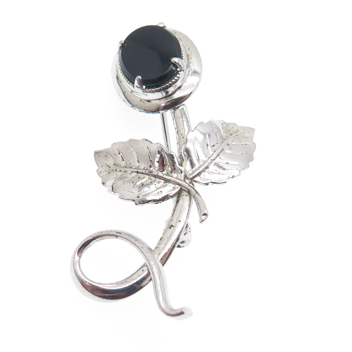 AMCO 925 Sterling Silver Antique Real Black Onyx Flower Letter "L" Pin Brooch