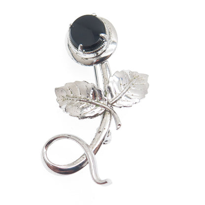 AMCO 925 Sterling Silver Antique Real Black Onyx Flower Letter "L" Pin Brooch