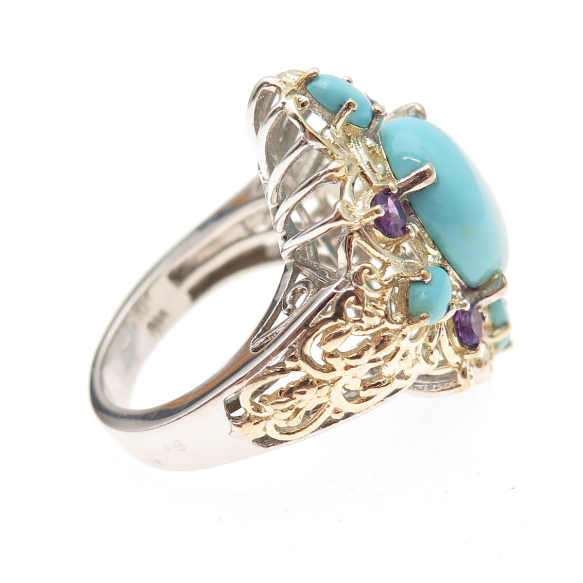 Chuck Clemency 925 Sterling Silver 2-Tone Real Turquoise Amethyst Ring Size 8.25