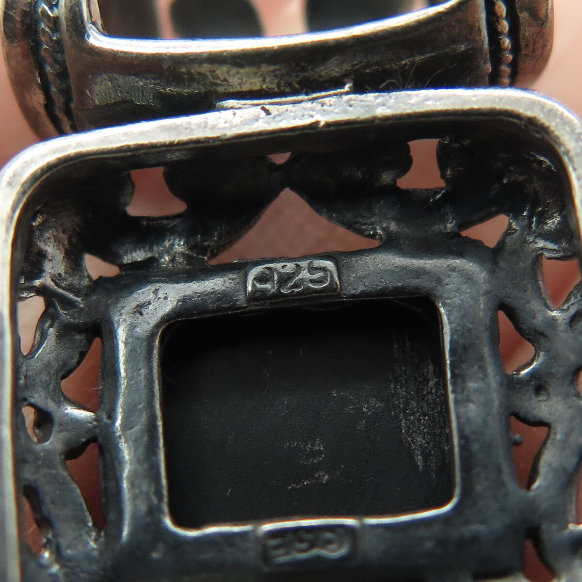925 Sterling Silver Vintage Real Black Onyx Ornate Slide Oxidized Pendant