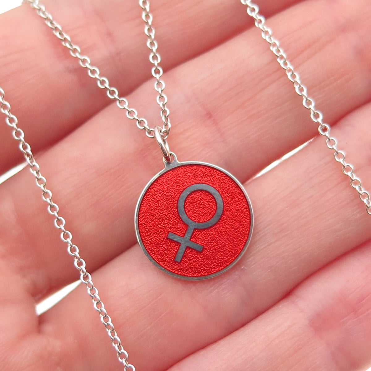 925 Sterling Silver Red Enamel Female Symbol Round Tag Cable Chain Necklace 18"