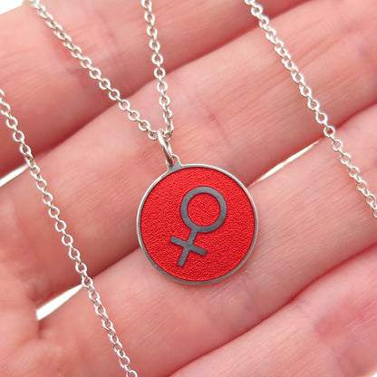 925 Sterling Silver Red Enamel Female Symbol Round Tag Cable Chain Necklace 18"