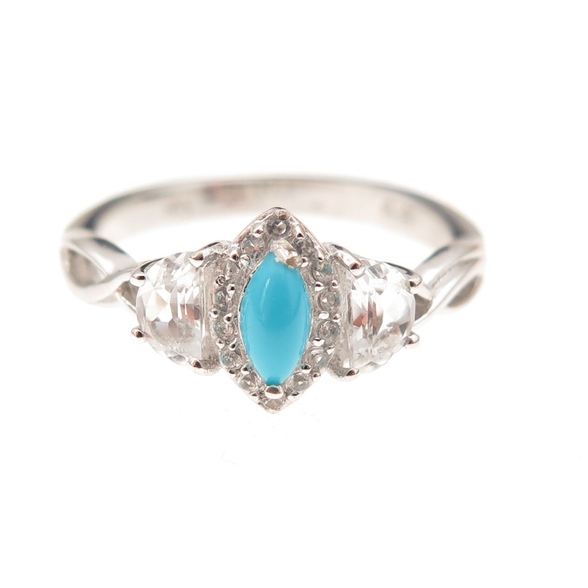 Chuck Clemency 925 Sterling Silver Real Turquoise & White Topaz Ring Size 8