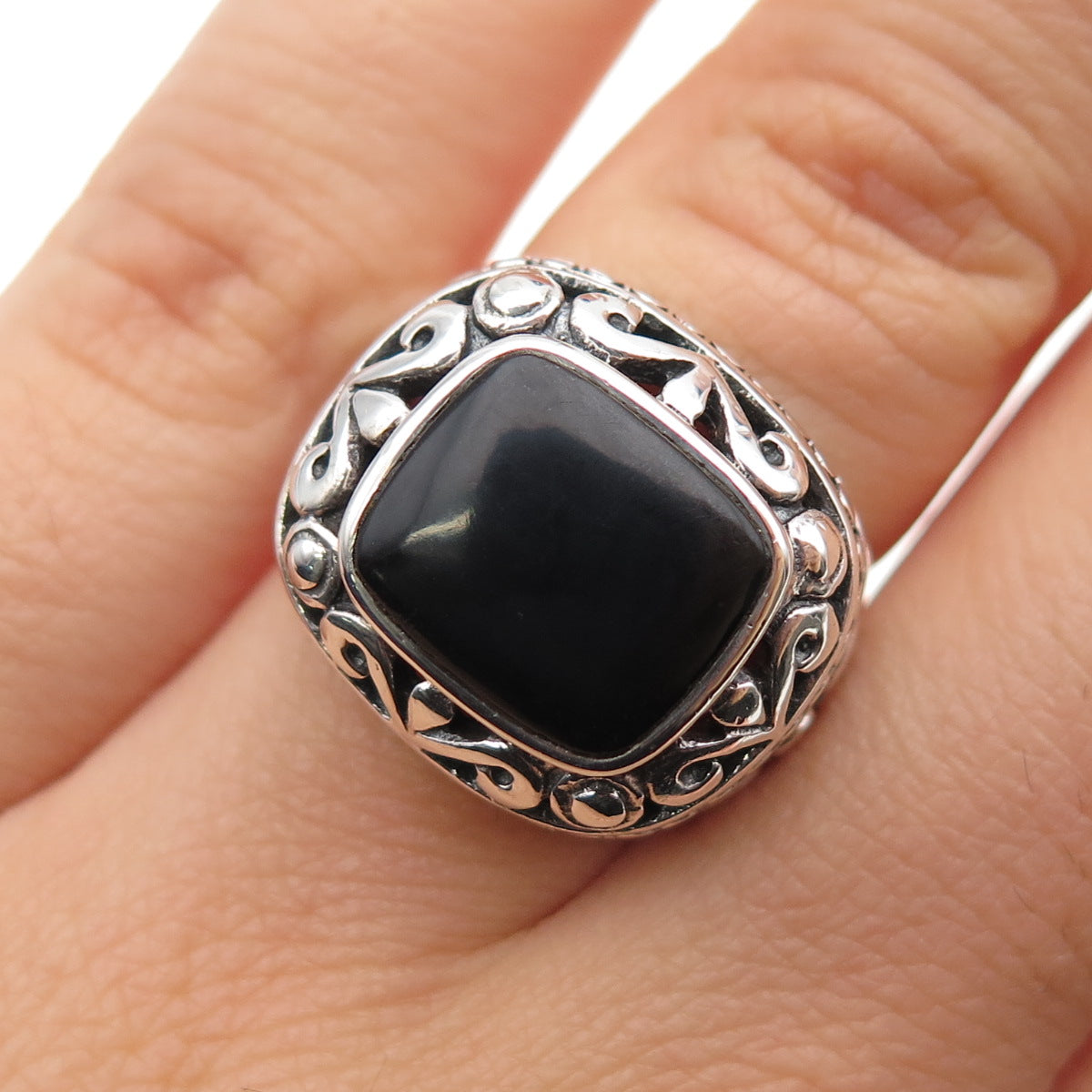 CHAPAL ZENRAY 925 Sterling Silver Vintage Real Black Onyx Oxidized Ring Size 6