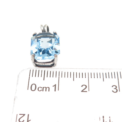 925 Sterling Silver Vintage Emerald-Cut Blue C Z Mini Charm Pendant