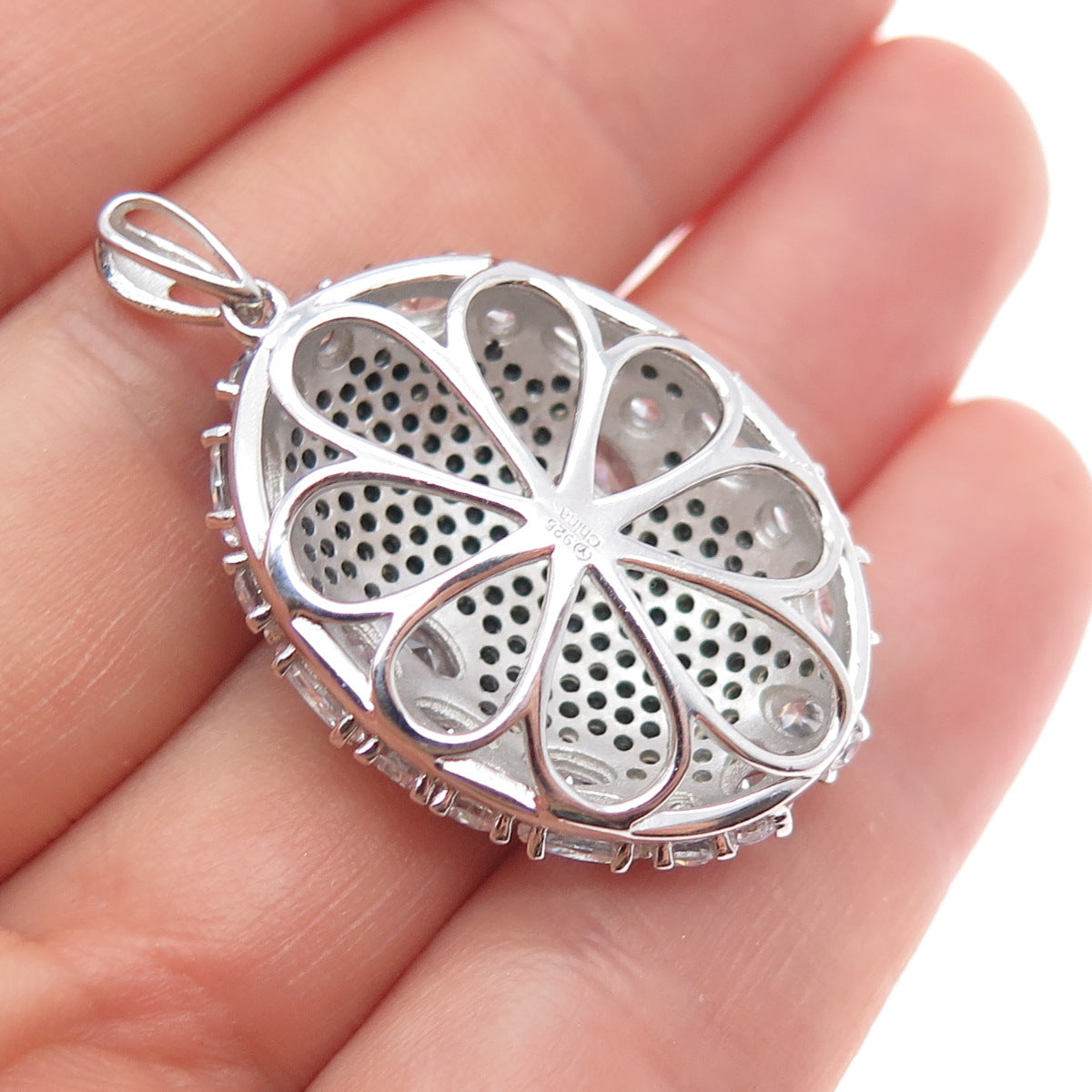 925 Sterling Silver Real Round-Cut Black Spinel & Oval-Cut C Z Charm Pendant