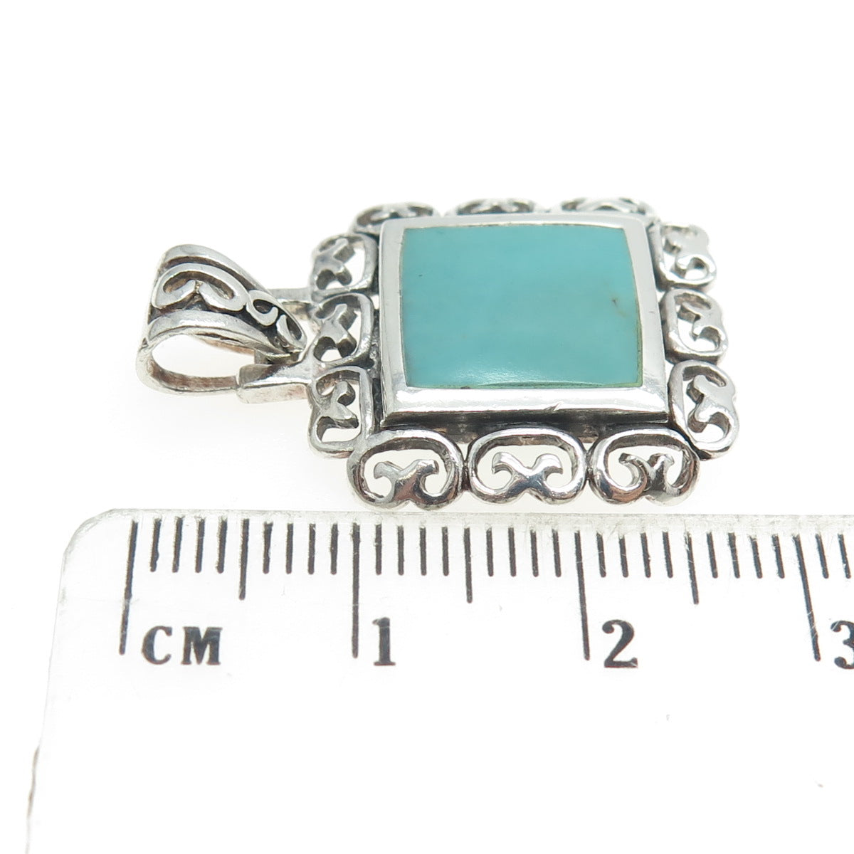 925 Sterling Silver Vintage Real Turquoise Ornate Square Pendant