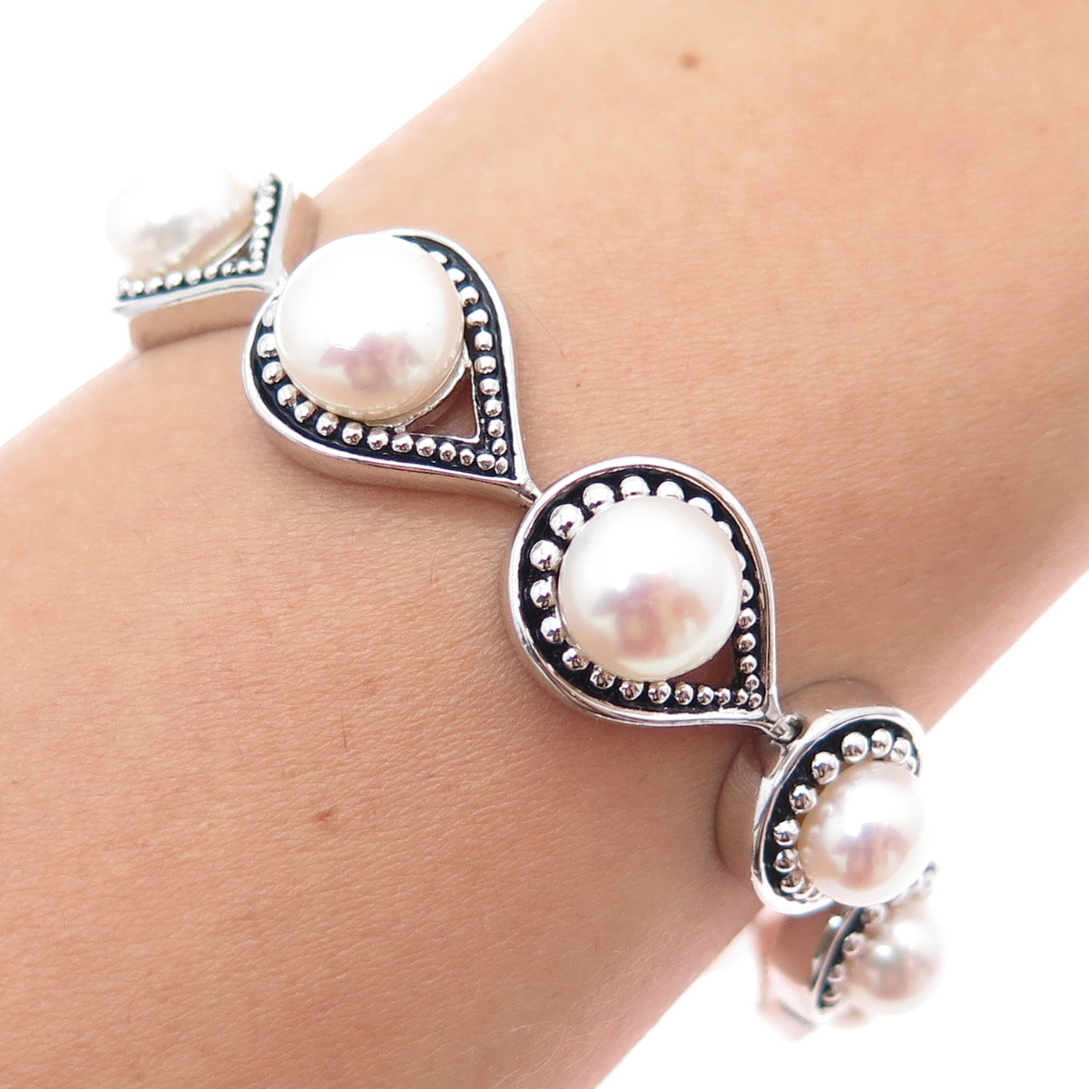 ROSS SIMONS 925 Sterling Silver Vintage Real Pearl Teardrop Link Bracelet 7.5"
