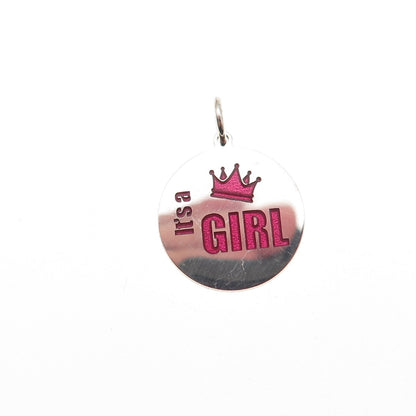 925 Sterling Silver Pink Enamel It's a Girl Round Tag Mini Charm Pendant