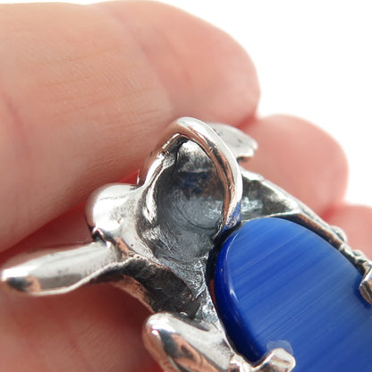925 Sterling Silver Vintage Fiber Optic Blue Cat's Eye Koala Oxidized Pendant